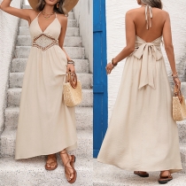 Women's Boho Halter Neck Maxi Dress - Crochet Hollow Out Waist V-Neck Backless Beach Sundress