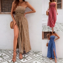 Women's Boho Strapless Smocked Wide Leg High Slit Paisley Print Beach Jumpsuit