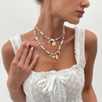 Boho Irregular Pearl Necklace with Vintage Gold Coin & Heart Charms  Double-Layered Necklace