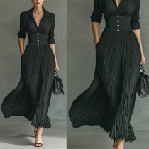Women's Elegant Pleated Shirt Dress - Lapel Collar V-Neck High Waist Button Detail Midi A-Line Dress for Work & Party