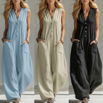 Women's Casual Sleeveless Wide Leg Jumpsuit - Boho V-Neck Loose Romper Overalls with Pockets
