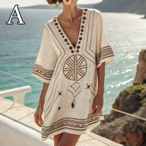 Women's Boho V-Neck Tunic Dress - Printed Short Sleeve Beach Cover Up Mini Dress