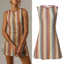 Women's Retro Sleeveless Wavy Pattern Boho Knit Summer Mini Dress