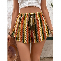 Women's Crochet Beach Shorts Cover Up Colorful Chevron Hollow Out Drawstring Tassel Summer Swimwear Bottoms