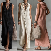 Boho-chic Sleeveless Button Down Casual Hooded Summer Dress