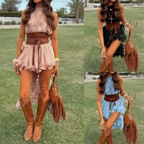 Women's Boho Ruffle Two Piece Set Top Lengthless High Neck Irregular Hem Top and Skirt Summer Festival Outfit