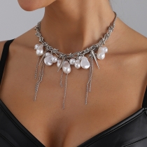 Fashion Baroque Pearl Silver Chain Spike Tassel  Choker Necklace