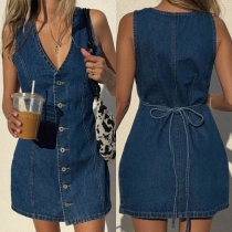 Women's Sleeveless Denim Mini Dress-V-Neck Button Down Tie Waist Casual Jean Dress