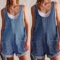 Women's Casual Denim Romper- Sleeveless Baggy Short Overalls with Pockets Scoop Neck Playsuit