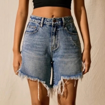 Casual Mid-rise Frayed Hemline Old-washed Denim Shorts