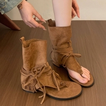 Women's Boho Flat Ankle Boot Sandals Faux Suede Fringe Tassel Thong Gladiator Shoes