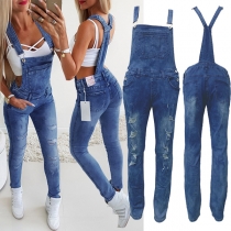 Fashion High Waist Slim Fit Ripped Denim Overalls