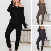 Sexy Off-shoulder Long Sleeve Drawstring Waist Solid Color Jumpsuit 