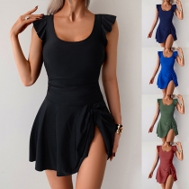 Fashion Square Neck Ruffle Sleeveless Side Knot Swimming Dress