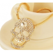 Punk Style Gold Rhinestone Skull Pendant Necklace