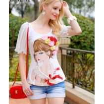 Pink Doll Women's Round Collar Puff Sleeve Cartoon Doll Pattern T Shirt