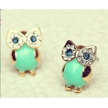Cute Green Retro Owl Sparkly Rhinestones Stud Earring Lady Gifts