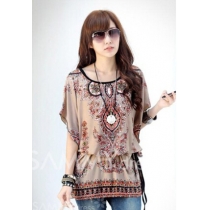 Chiffon Floral Print Scoop Neck Bat-Wing Sleeeves Retro Style Blouse For Women