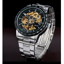 Mechanical Hollow Engraving Automatic Self-Winding Silver Alloy Band Analog Wrist Watch 