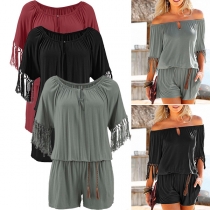 Fashion Solid Color Boat Neck Tassel Short Sleeve Romper