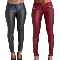 Fashion Solid Color Zipper Mid-rise Artificial Leather PU Slim Fit Pants