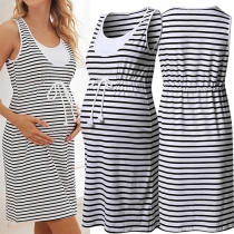 Casual Style Sleeveless Round Neck Drawstring Waist Striped Maternity Dress